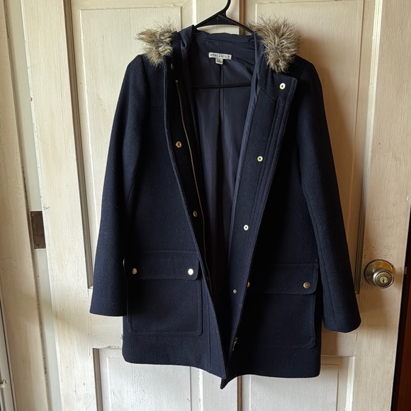 J.Crew Navy Hooded Coat with Faux Fur Trim - Picture 1 of 5
